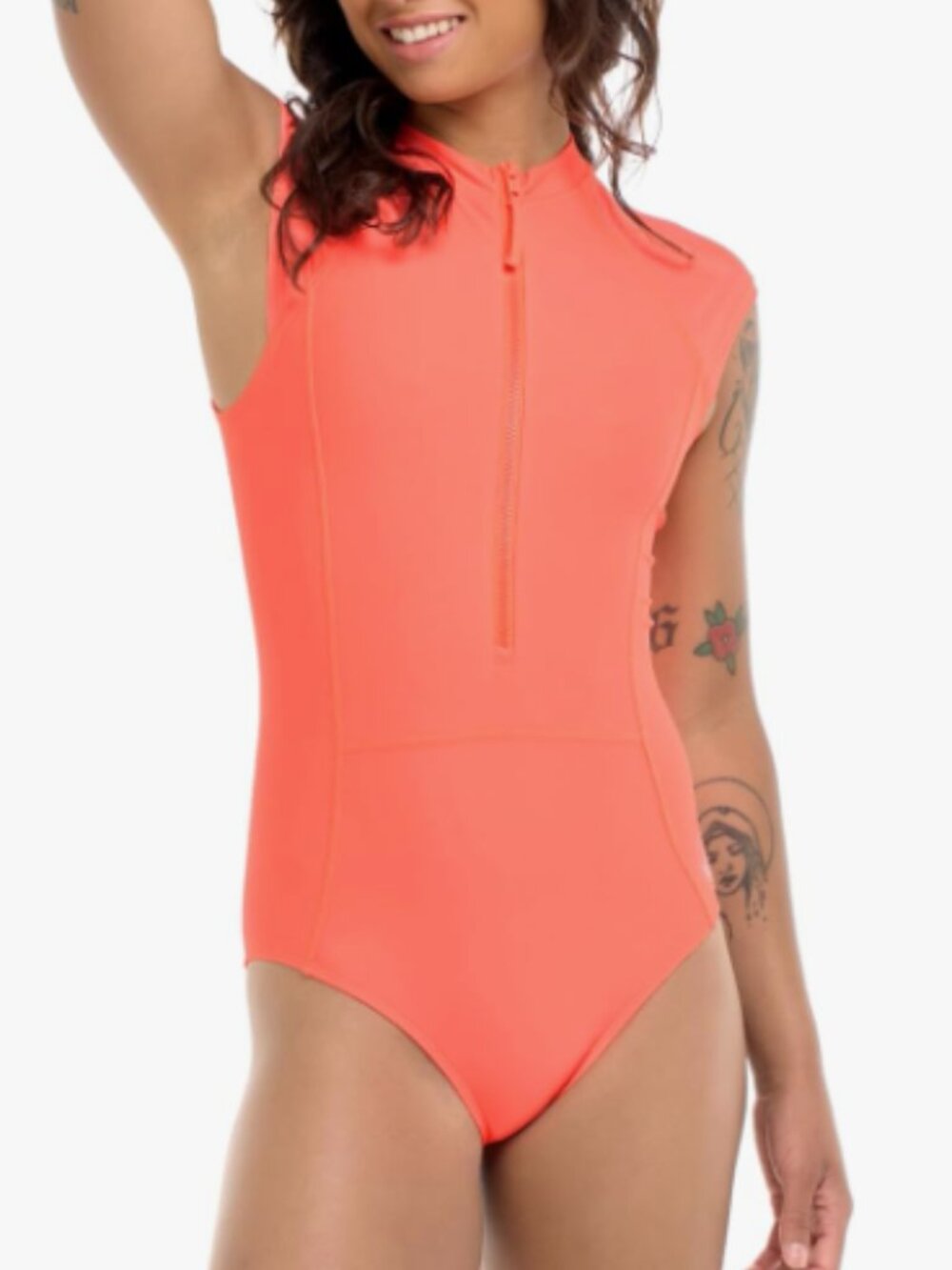 Body Glove Womens Manny Zip Front Cap-Sleeve One Piece Swimsuit Sunset UPF 50+